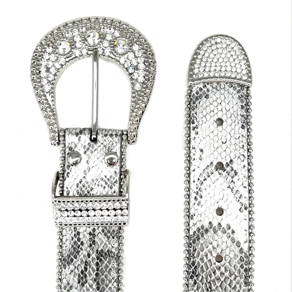 Chico’s Belt “Celestial” Python Snake Pattern Rhinestones Silver Studded Medium
